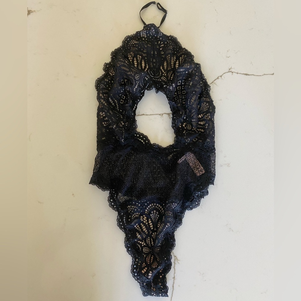 Victoria’s Secret black lace cutout halter low black bodysuit lingerie size S